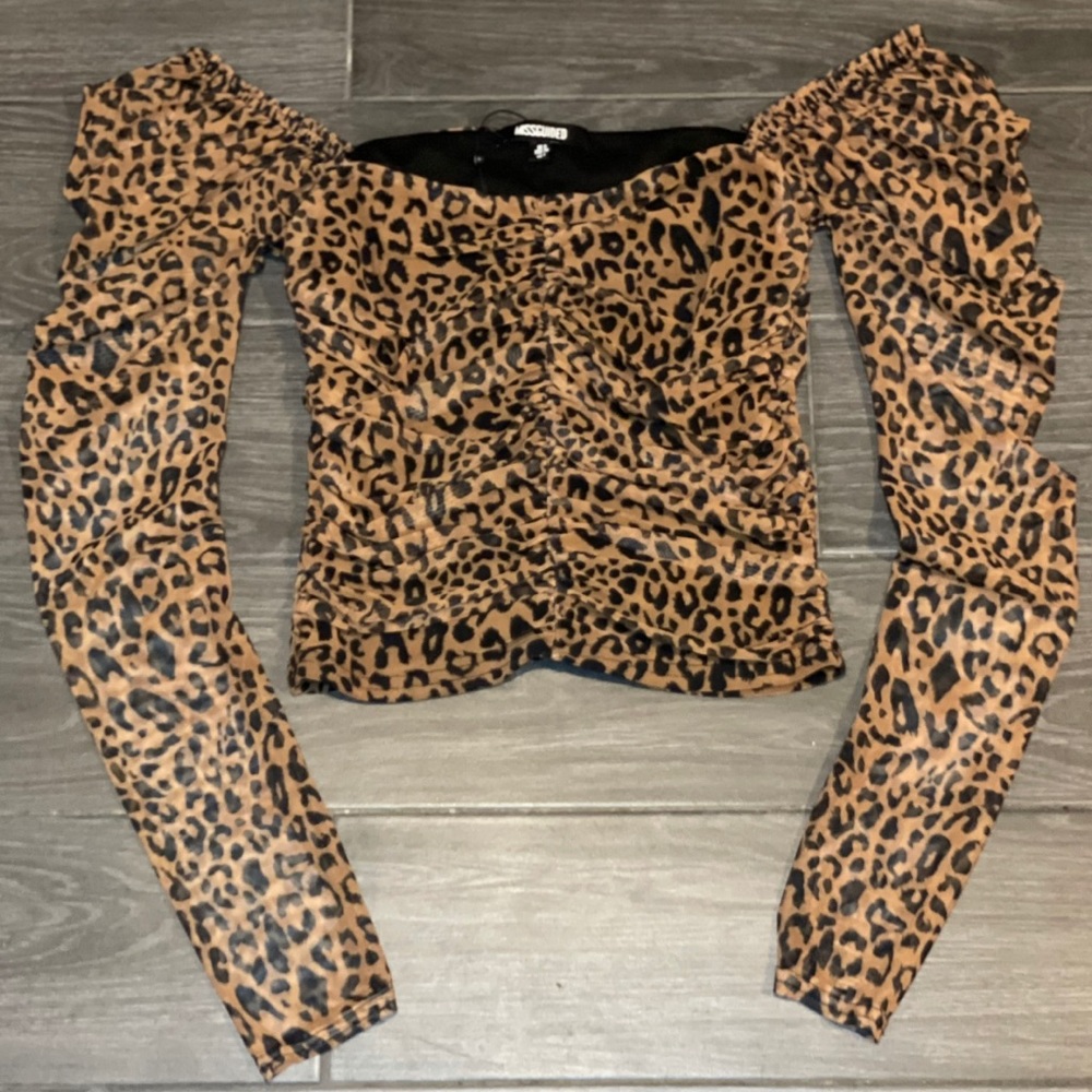 brown leopard print mesh ruched milkmaid top